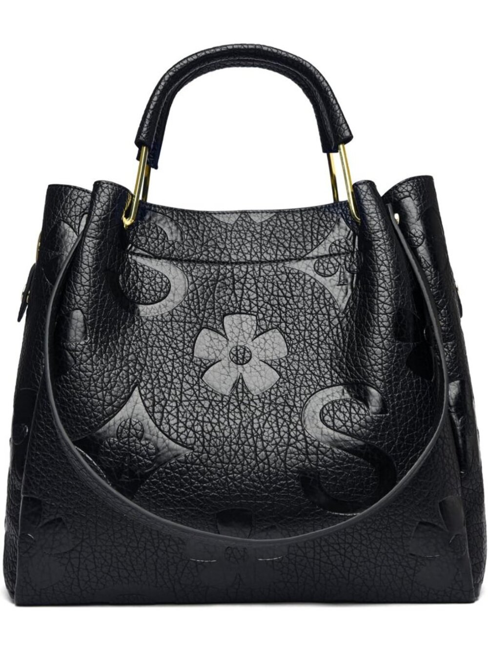Floral Embossed Vegan Leather Handbag Set - Large Shoulder & Bucket Tote for